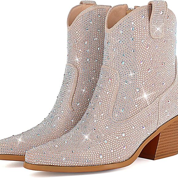 Women Rhinestone Cowboy Boots Glitter Chunky Heel Ankle Boots for Party - Picture 1 of 7